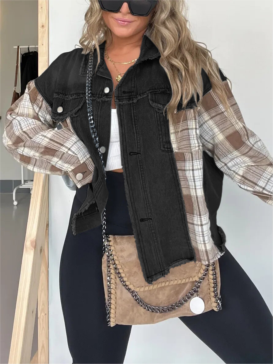 JAQUETA XADREZ E JEANS EM BLOCO COLORIDO