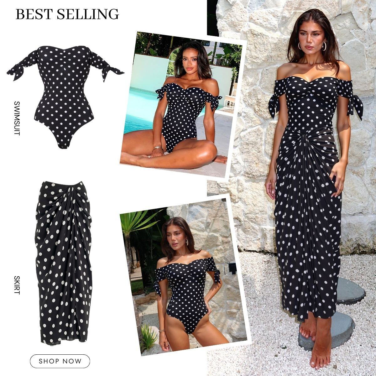 Polka-Dot One Piece Swimsuit and Skirt