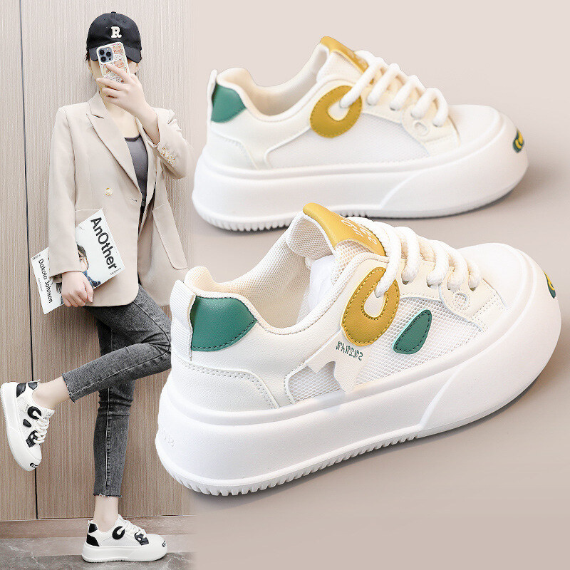 Novos sapatos femininos de couro com cor bloqueada resistente ao desgaste 2024 primavera e verão tênis casuais respiráveis ​​solas grossas e sapatos de moda crescentes