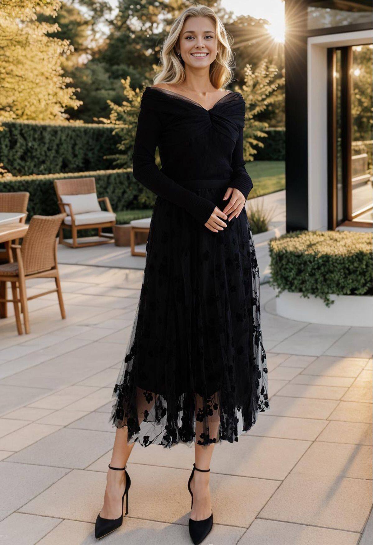 Top preto de malha com retalhos de malha sem ombros preto + conjunto de saia de comprimento médio de malha dupla camada 3D POSY