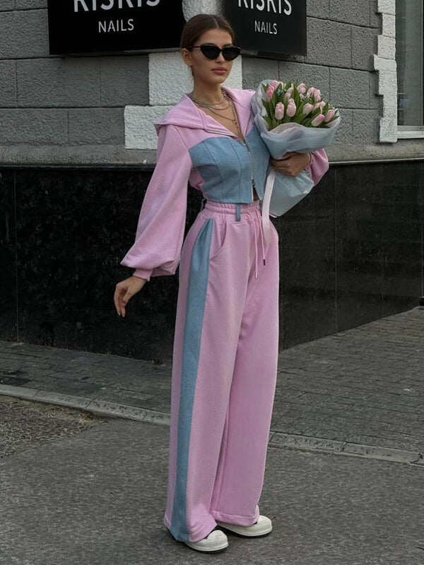 Feminino sexy contraste cor bolso casual fato de treino