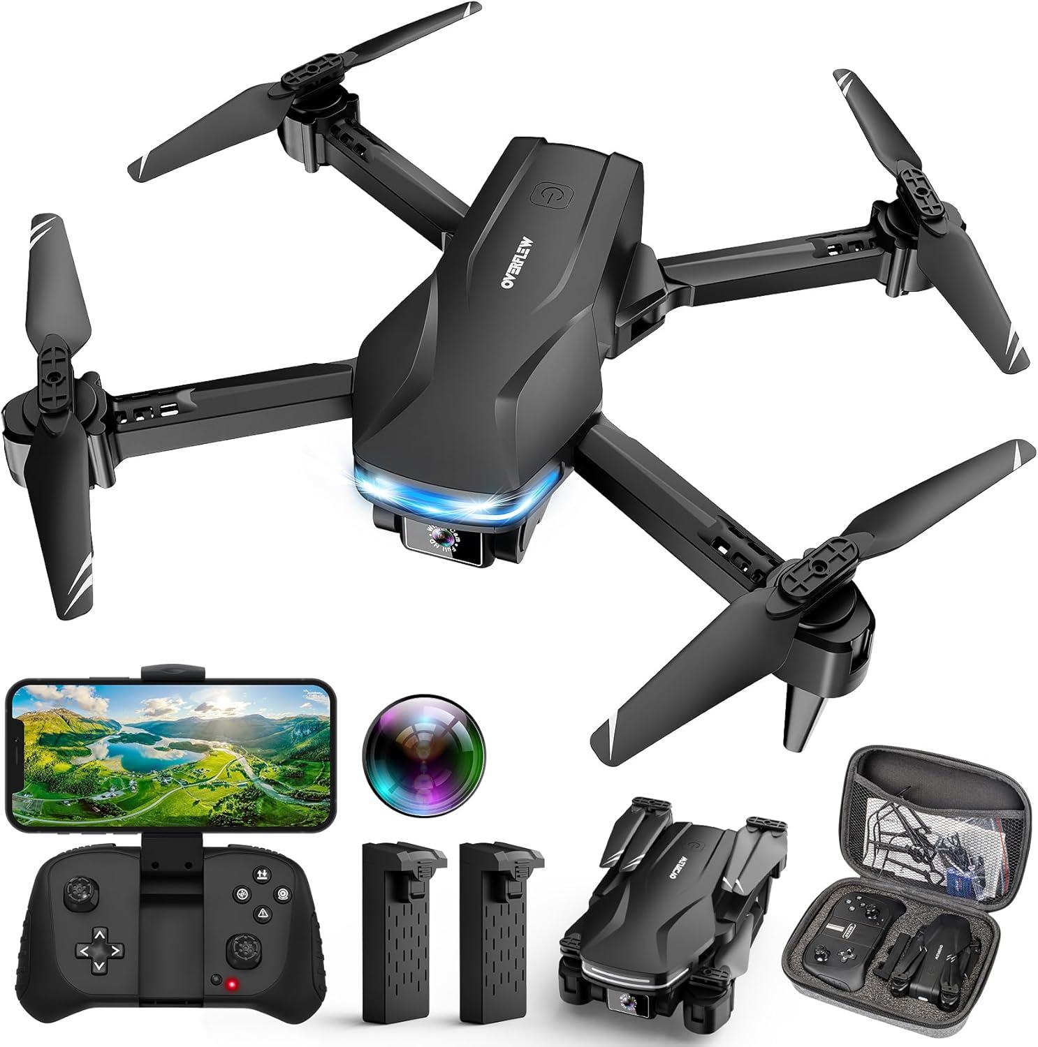 Drone com câmera 1080P HD FPV Drone dobrável para iniciantes e crianças, Quadcopter com controle de gestos de voz com estojo de transporte, decolagem/pouso com uma tecla, posicionamento de fluxo óptico, giro de 360°, voo de ponto de passagem
