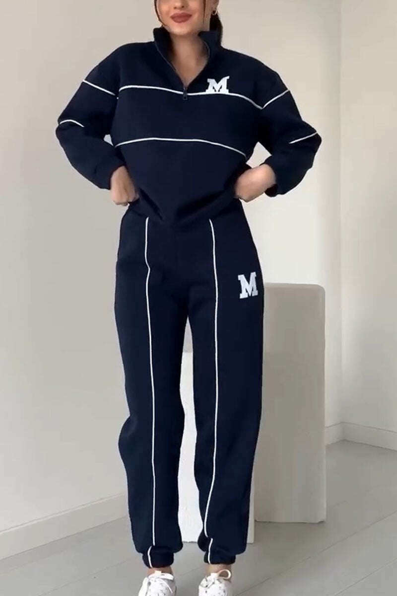 Conjunto feminino casual de duas peças com letra M e manga comprida