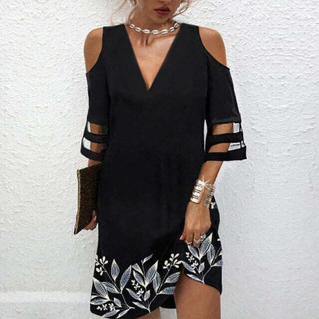 Vestido de verão novo estilo com decote em V floral malha emenda meia manga