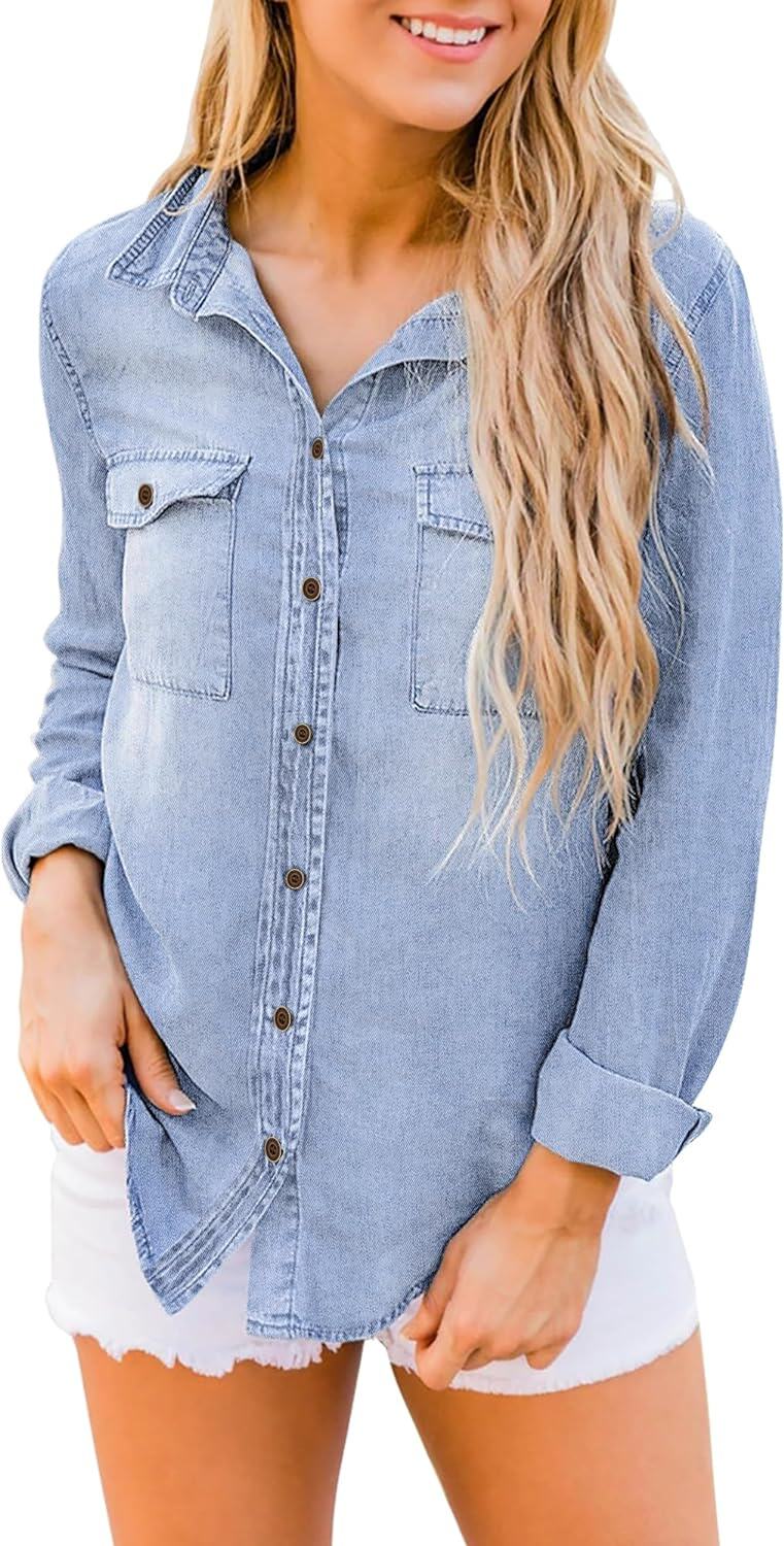 luvamia farmer ing Női Chambray Jean Western Shirts Hosszú ujjú gombos felsők