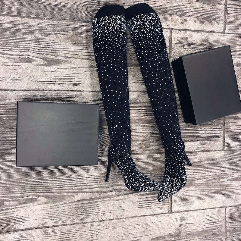 【✨Novos produtos 2025】👢Botas femininas com strass brilhantes sobre o joelho