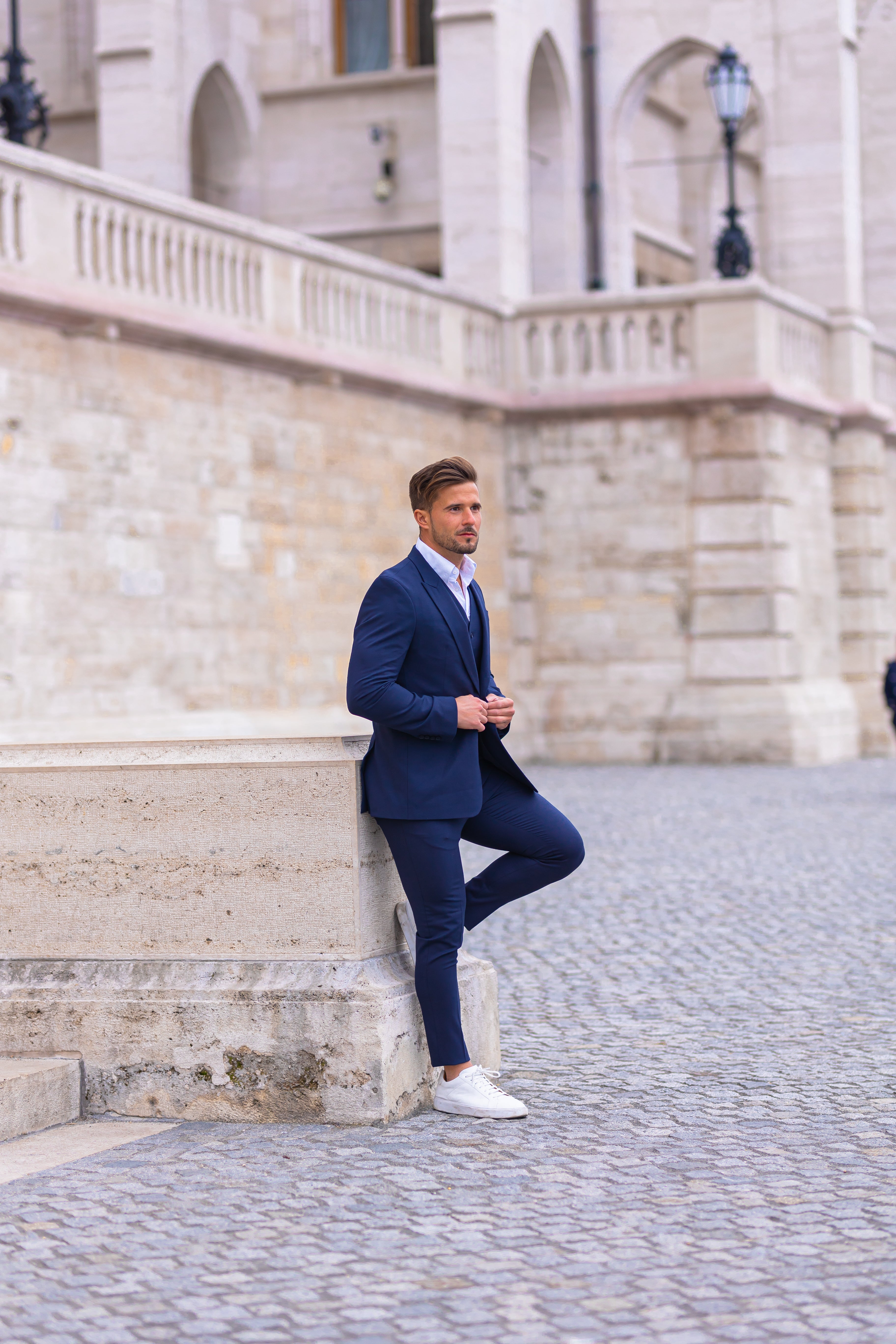 Father Sons Slim Formal Plain Navy Stretch Trousers - FST009