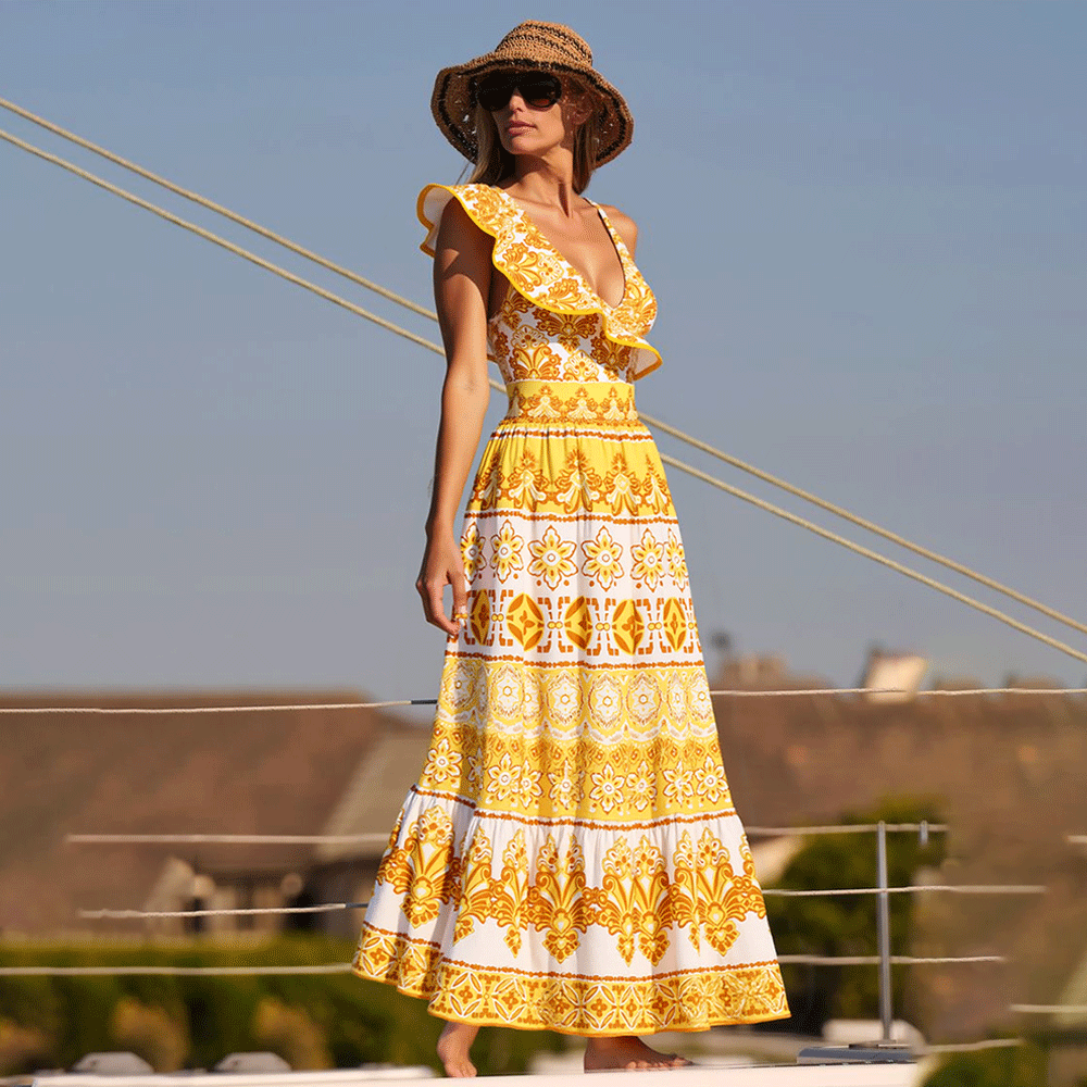 Asymmetrical Ruffle Printed One Piece Swimsuit and Skirt