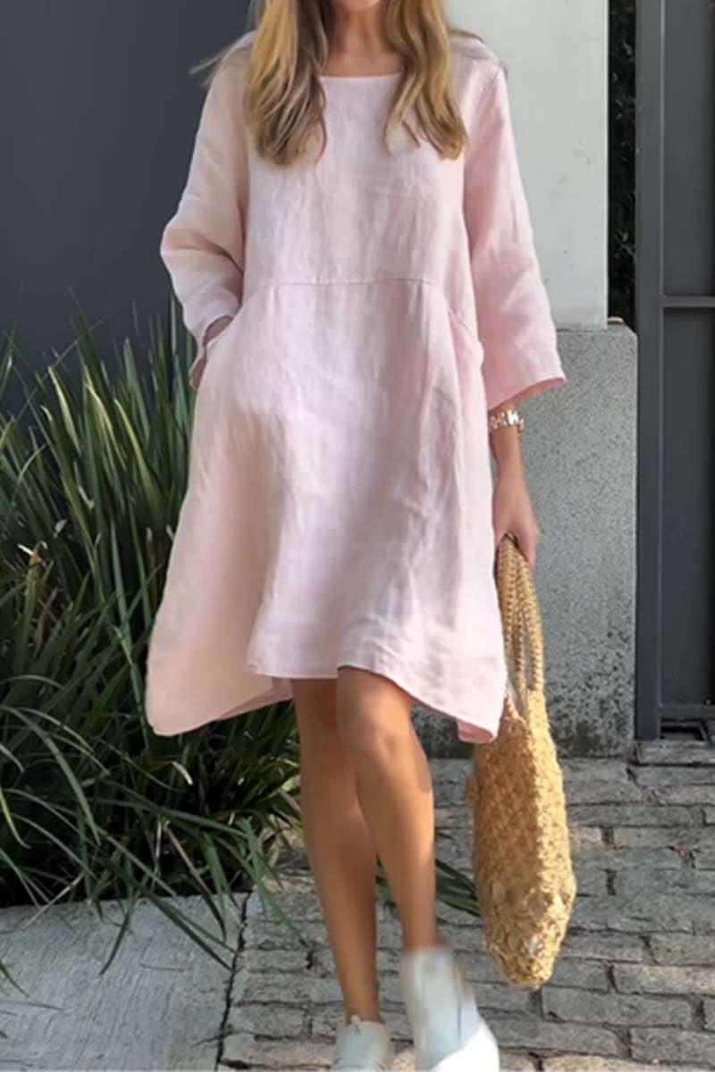 🌸Wiosenne promocje🌸 Casualowa sukienka z bawełny i lnu w jednolitym kolorze