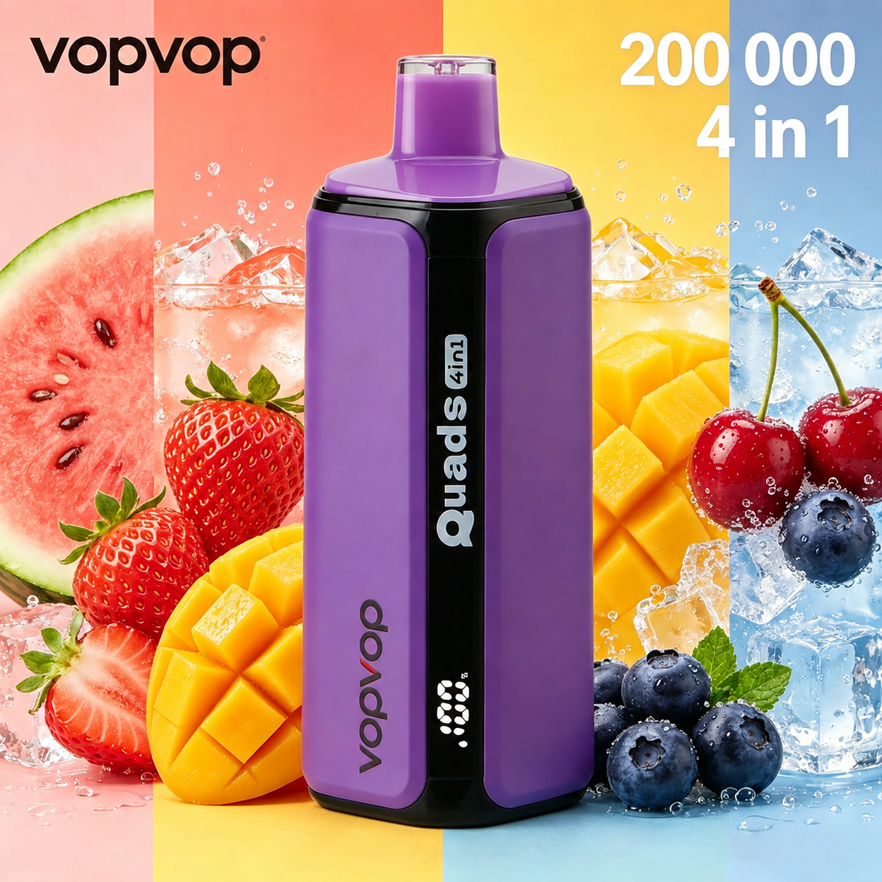 🚀 VOPVOP 200K – 200 000 slukkot bír ki | Négy íz egyben | Eldobható elektronikus cigaretta, nikotintartalom 0% / 2% / 5% • 10 íz