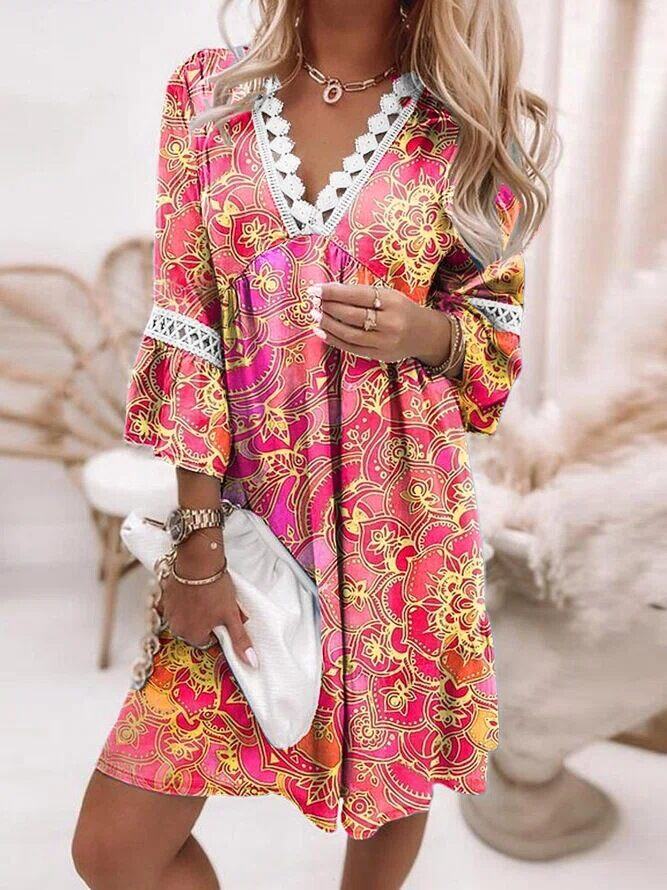 Novo vestido de verão com retalhos de renda estampado em algodão e linho