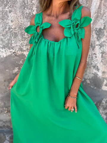 💕Vestido feminino em cor sólida com estampa floral e decote em U