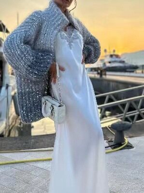 2023 OUTONO E INVERNO NOVO EUROPEU HIGH-END TEMPERAMENTO CONFORTÁVEL COM DECOTE EM V LANTEJOULAS XIAOXIANG CAMISOLA JAQUETA