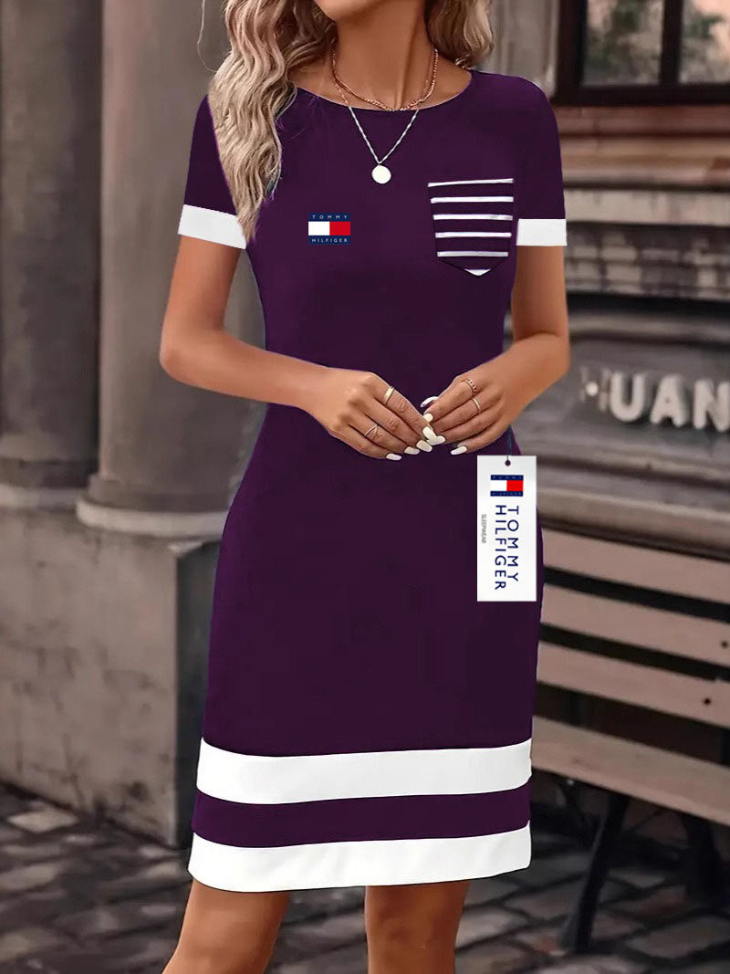 Modna i elegancka sukienka z krótkim rękawem i okrągłym dekoltem w bloki kolorystyczne