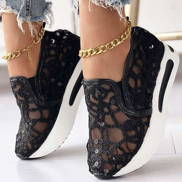 Sapatos femininos casuais de verão com lantejoulas e cunha
