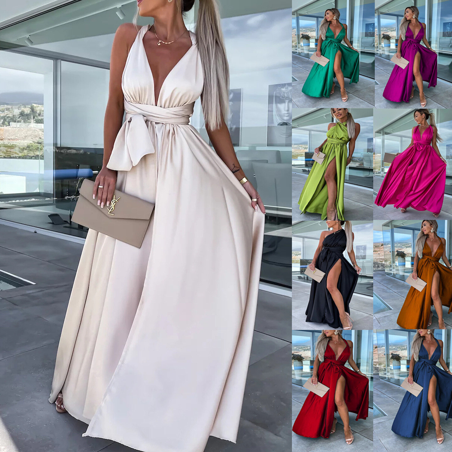 Nova primavera e verão vestido de tiras sexy e mutável INS solto vestido de fenda casual