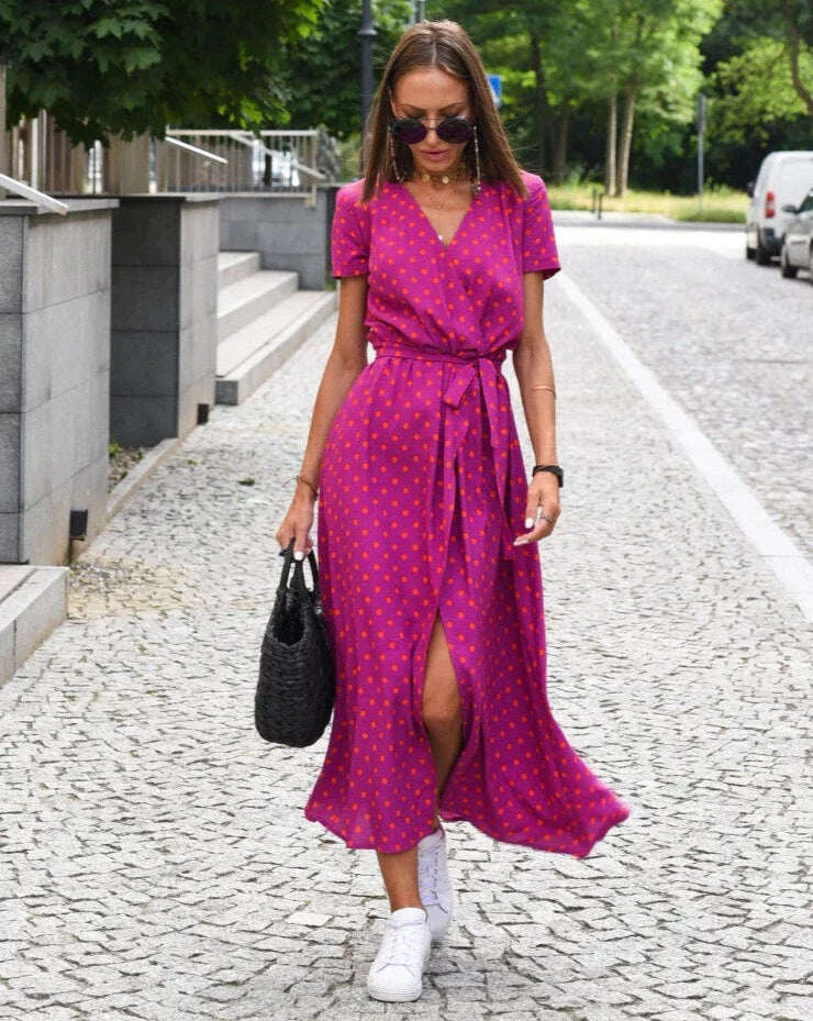 Vestido feminino decote V com fenda, comprimento midi, estampado