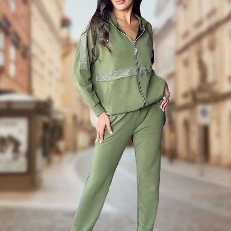 🎅Promoção de Natal de 49%💥Lantejoulas femininas – conjunto casual de 2 peças em cor sólida enfeitada
