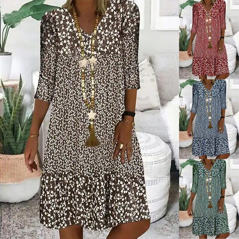 Novo vestido midi estampado de verão com manga comprida e decote em V para mulheres