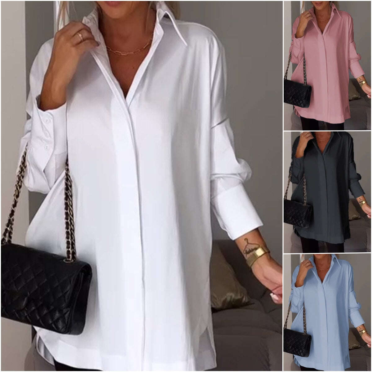🎁Novidades em promoção de 2025✨Camisa de lapela com fenda