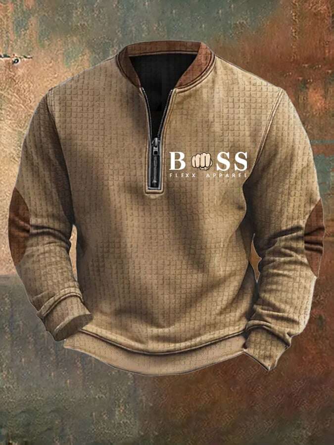 Sweatshirt retro para homem com design de letras estampado com gola com fecho e jacquard quadrado