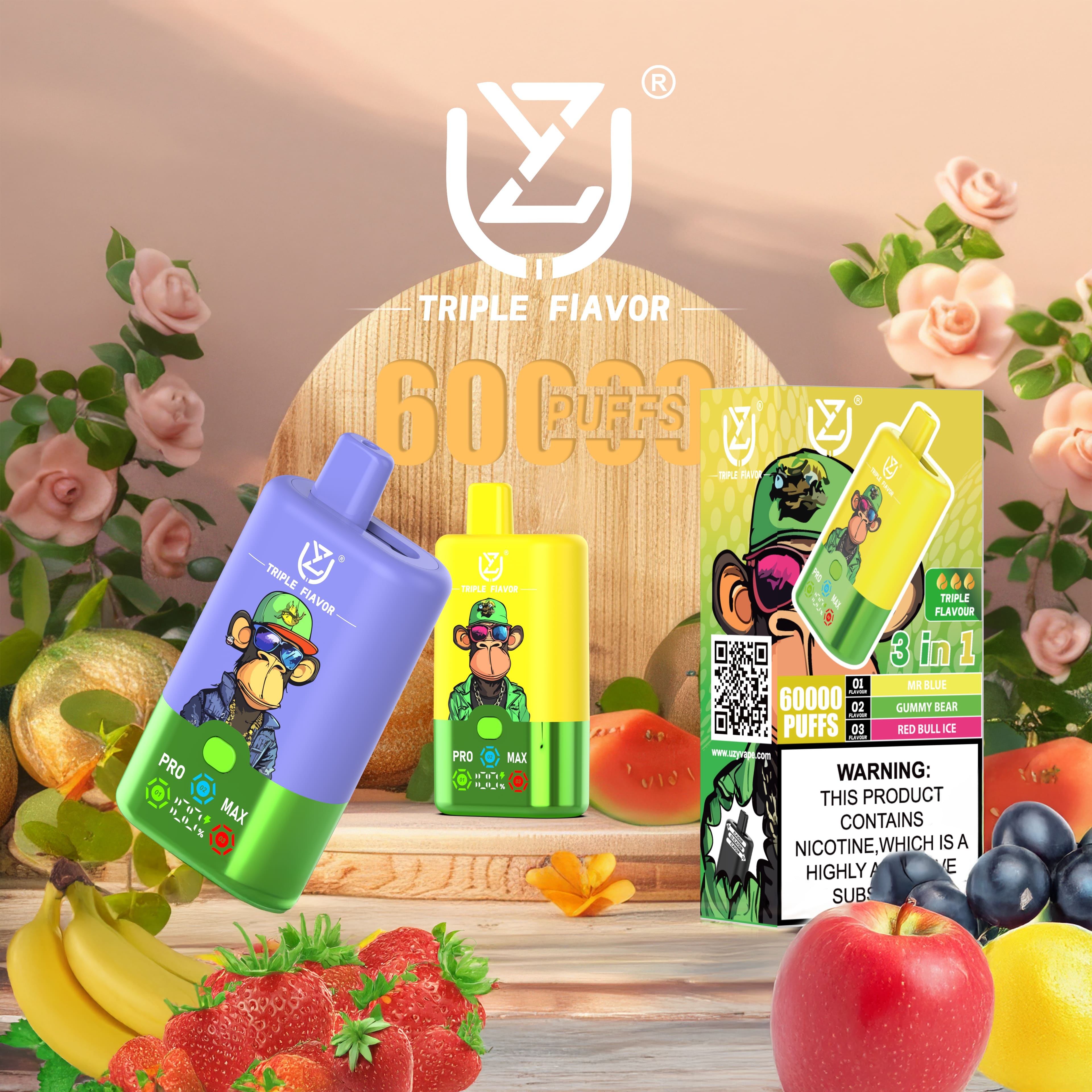UZY Triple Flavor 60000 Puffs Vape 3 in 1 Disposable E Cigarette with Smart LED Display