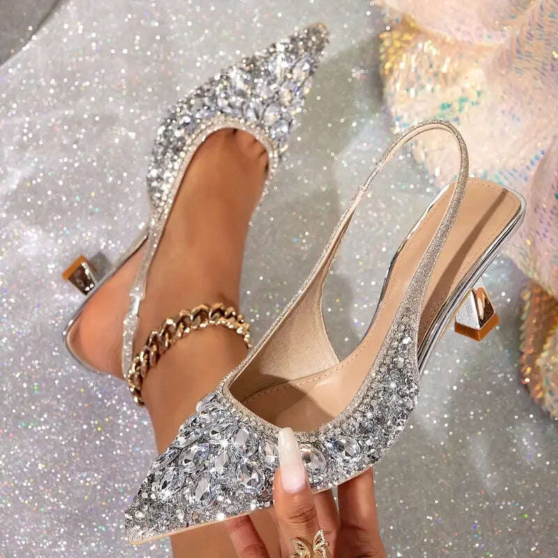 🔥 Dia 49% de desconto - Sapatos finos para banquete, salto alto com strass estilo europeu e americano