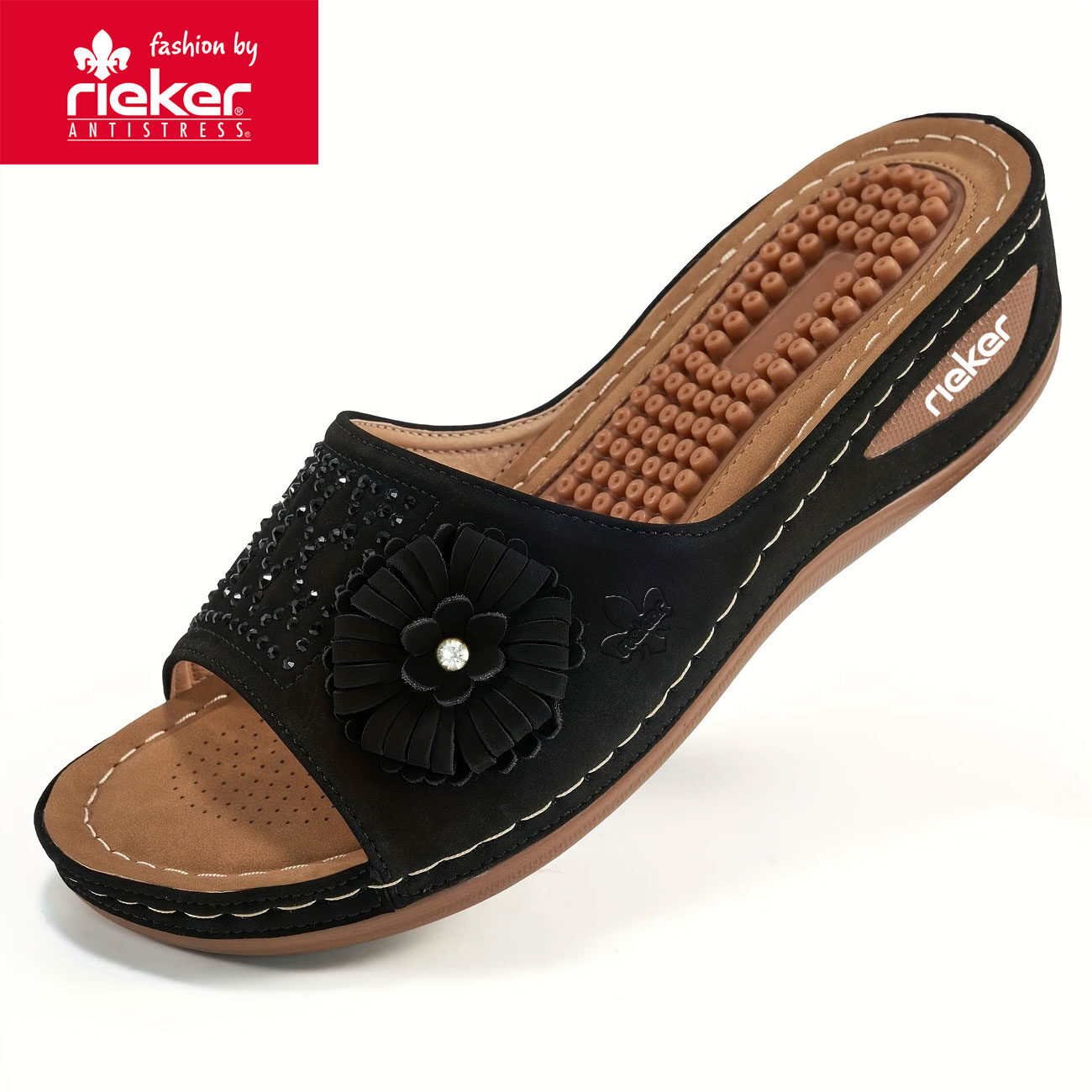Rieker, letnie nowe damskie sandały ortopedyczne na koturnie z kwiatowym wzorem z 2025 r.