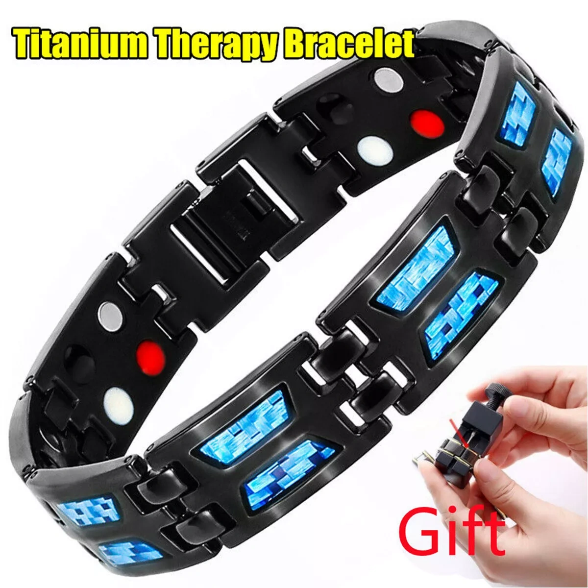 2Pcs Carbon Blue Titanium Magnetic Therapy Pulseiras Únicas Duplas Fileiras Força