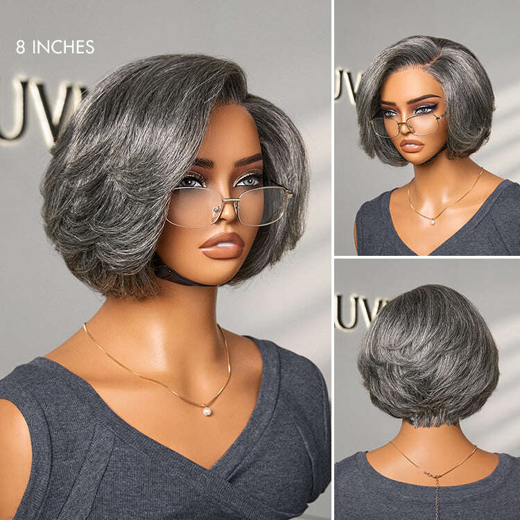 Boss Vibe Salt & Pepper Layered Bob / Body Wave Glueless Pre-Cut Minimalist Lace Grey Wig