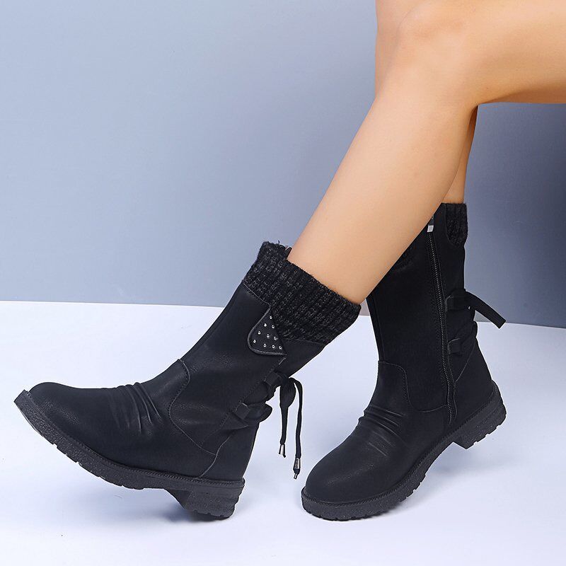 🔥51% DE DESCONTO AGORA - Botas de neve femininas de cano médio com punho de suéter, botas quentes de inverno