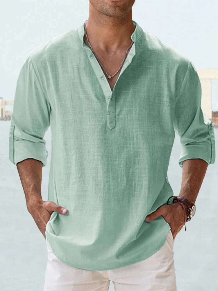 😎CAMISA DE LINHO DE ALGODÃO DE MANGA COMPRIDA MASCULINA ☁️