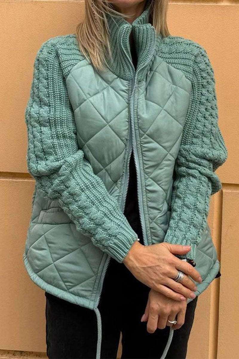 Jaqueta feminina casual, de cor única, patchwork com zíper
