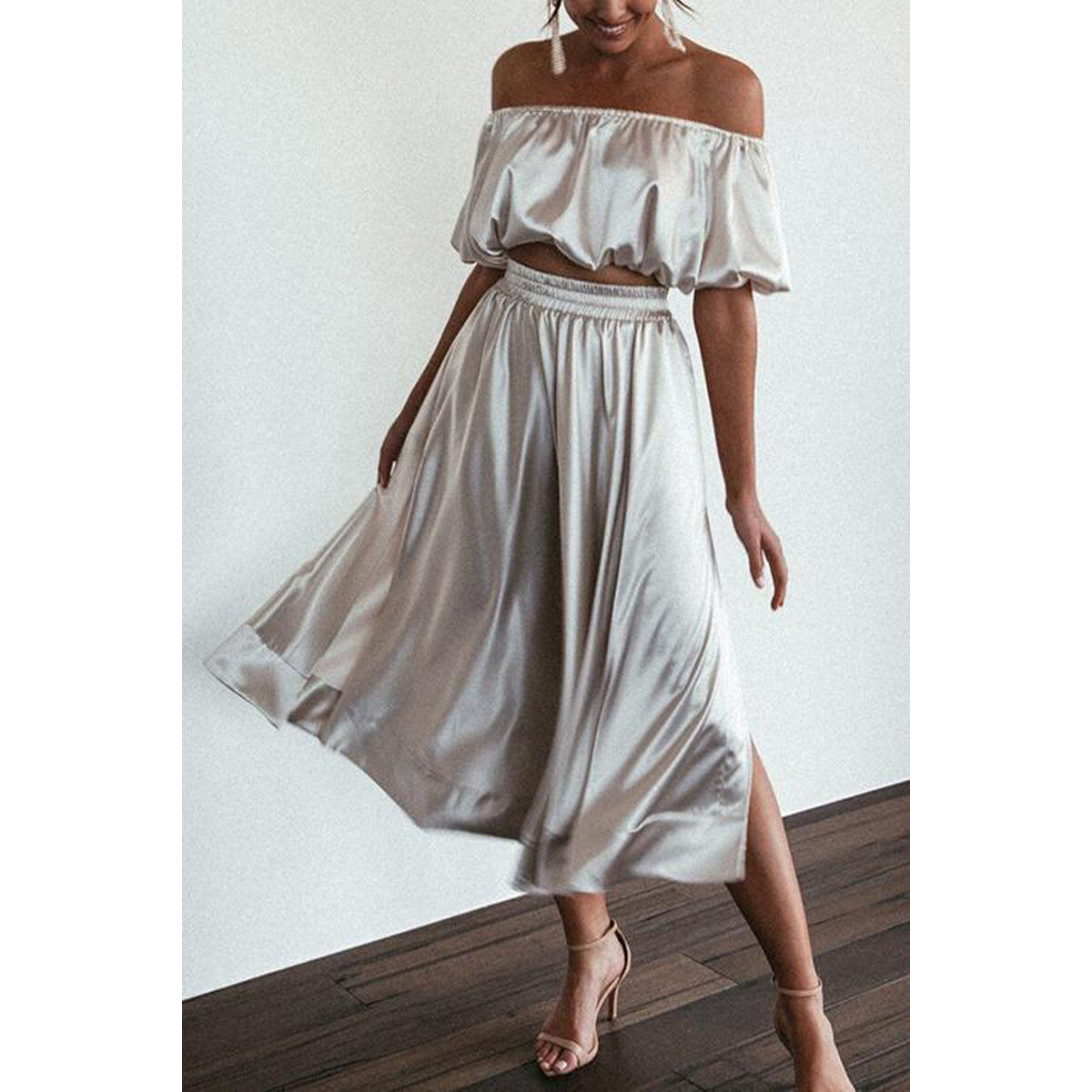 2023 New European and American Satin Off-shoulder Dress Set