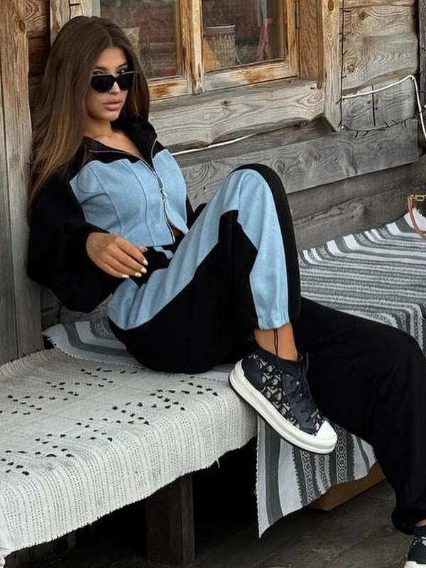 Feminino sexy contraste cor bolso casual fato de treino