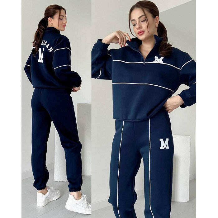 Conjunto casual feminino de duas peças, manga comprida, feito de puro algodão