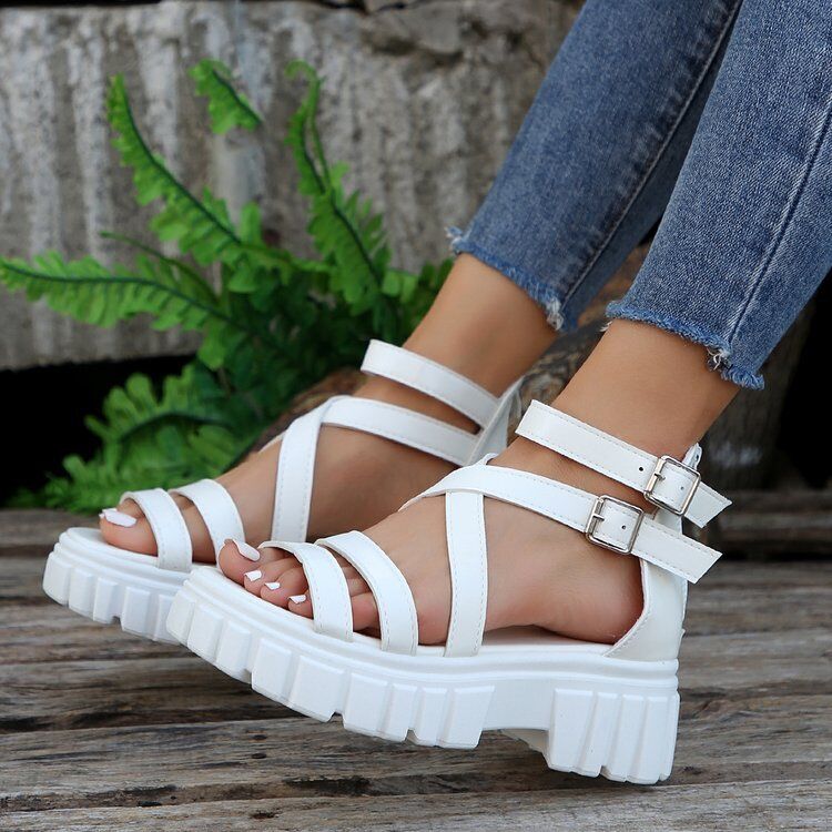2024 novos sapatos femininos plataforma versátil oco sandálias de tira média