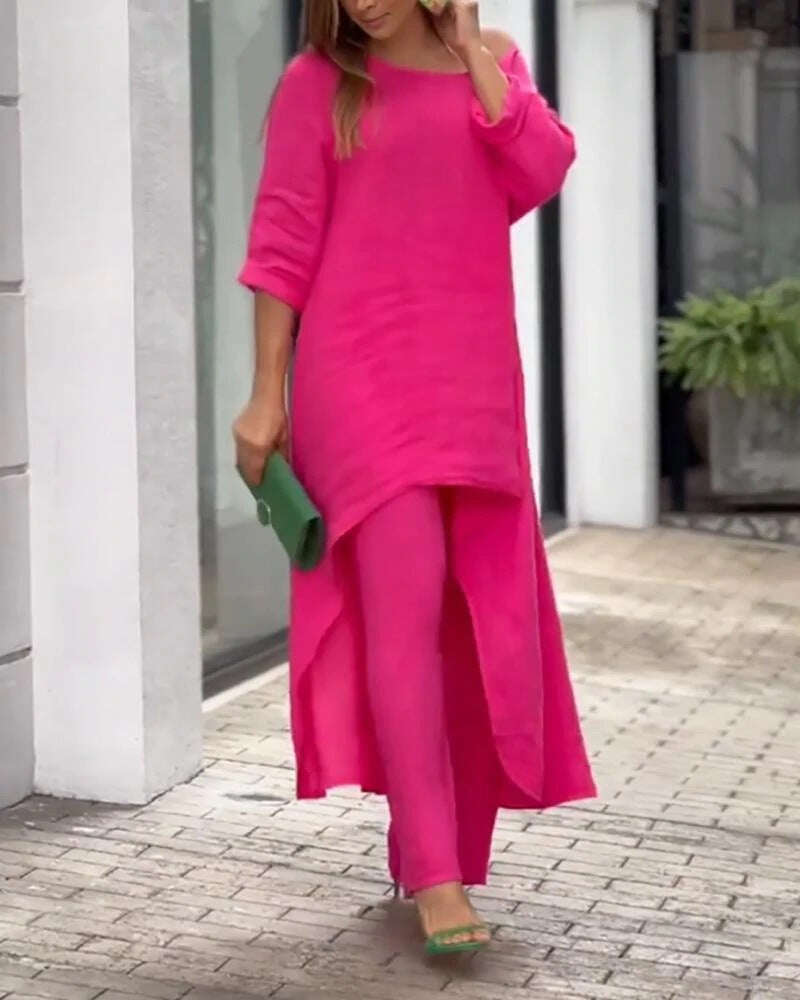 Novo vestuário de lazer de Verão 2023, conjunto de calças de manga comprida de cintura alta