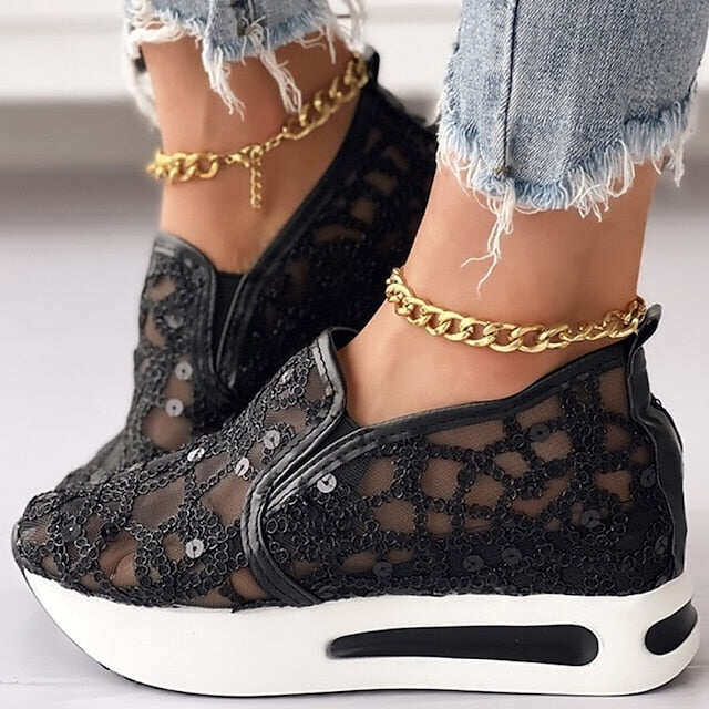 Sapatos femininos casuais de verão com lantejoulas e cunha