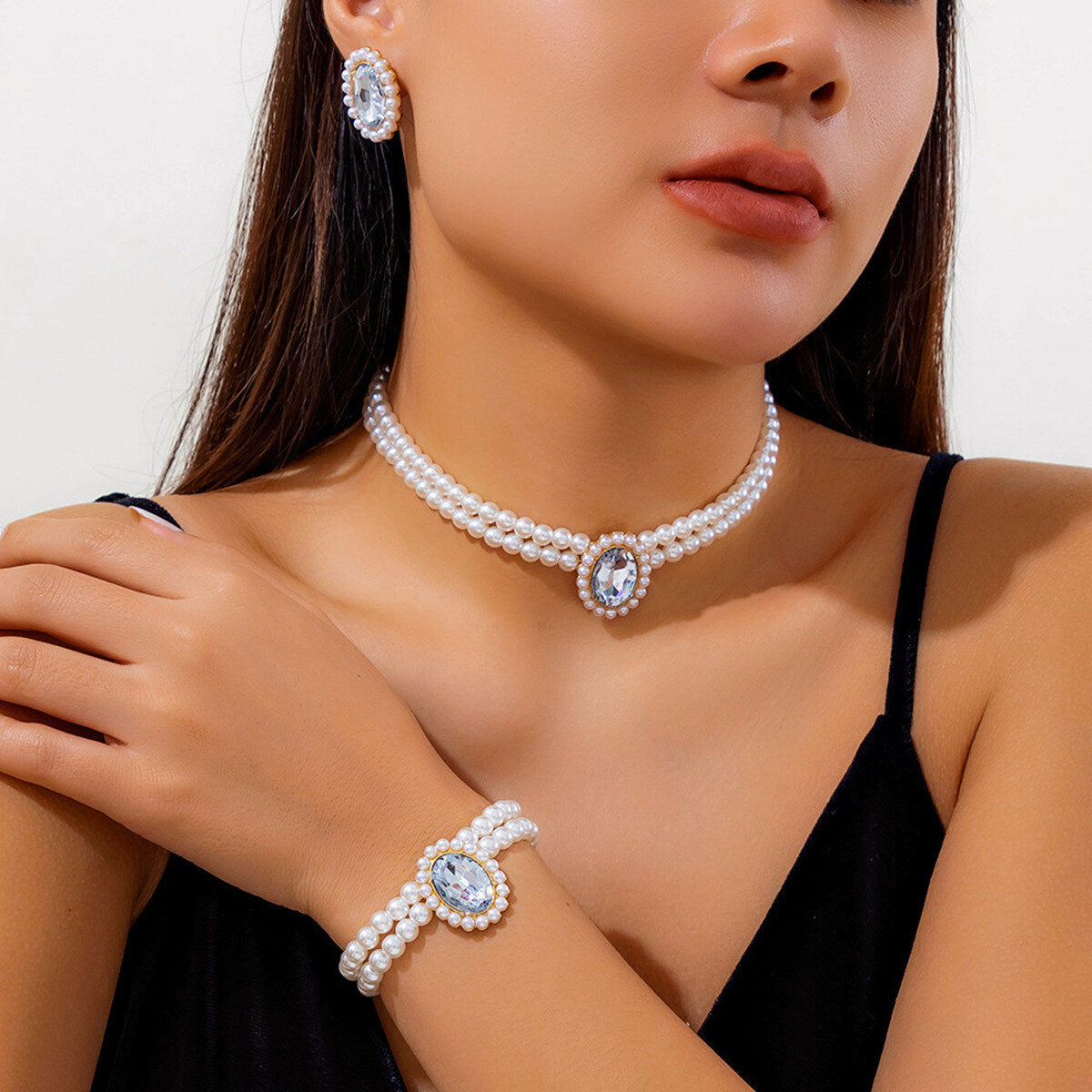 Colar de pérolas elegante francês em várias camadas, conjunto de colar de pedra de joias elegante e luxuoso