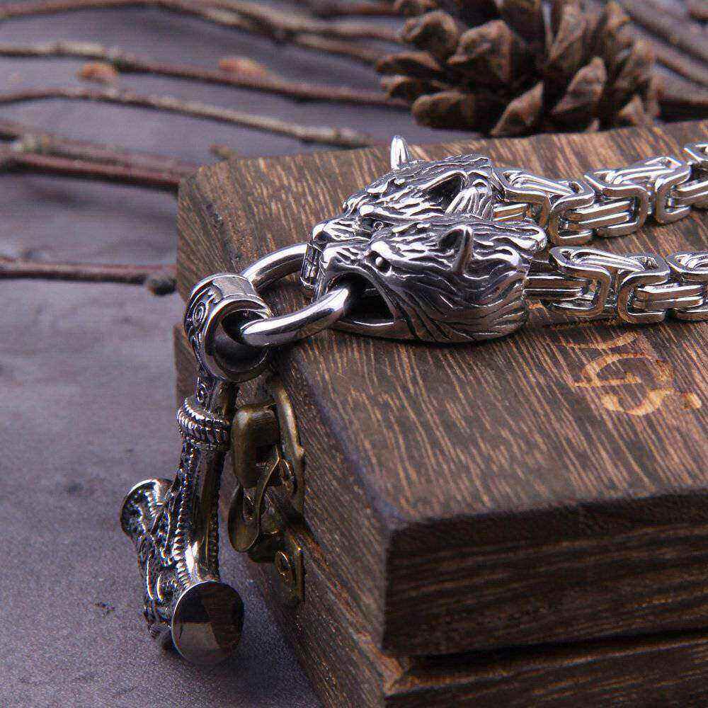 NordyckoTM |. Colar de cabeça de lobo estilo viking nórdico com martelo