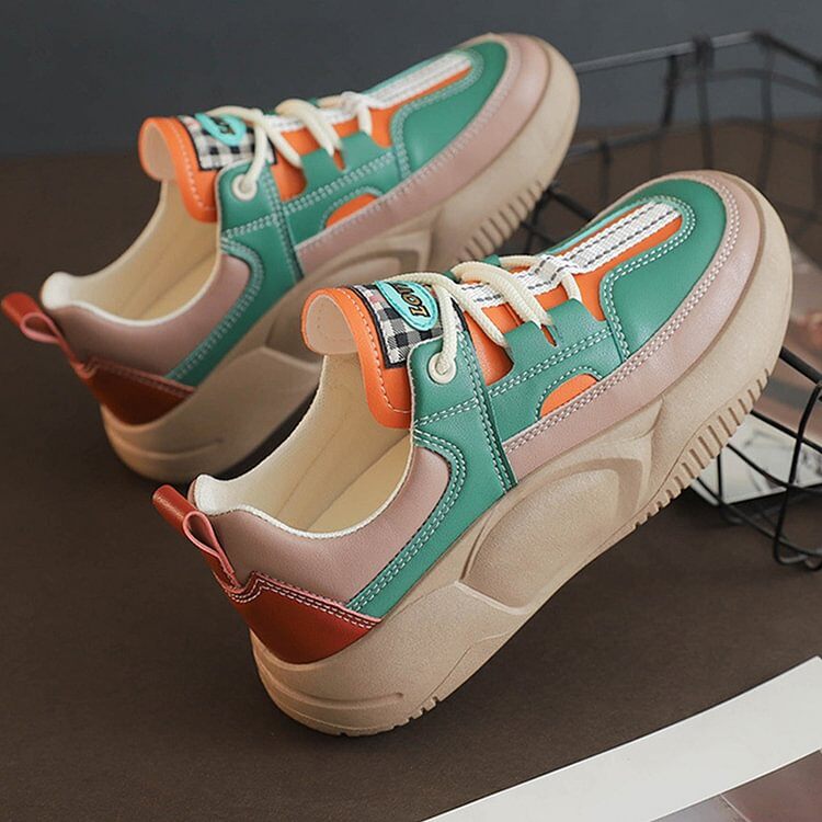 Sapatos de caminhada femininos com sola grossa colorblock