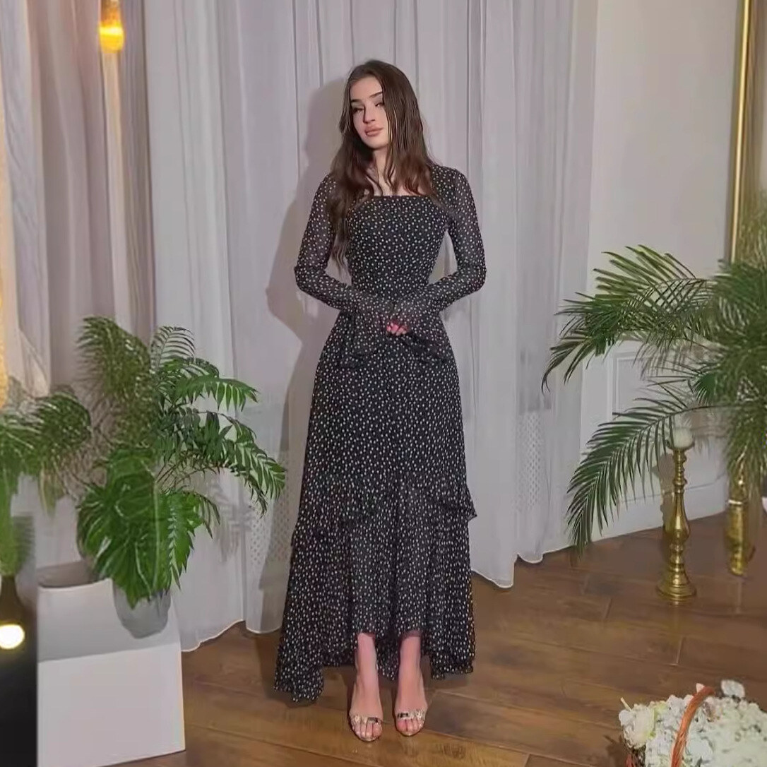 Colete francês retrô estampado gola quadrada mangas trompete elegante vestido longo