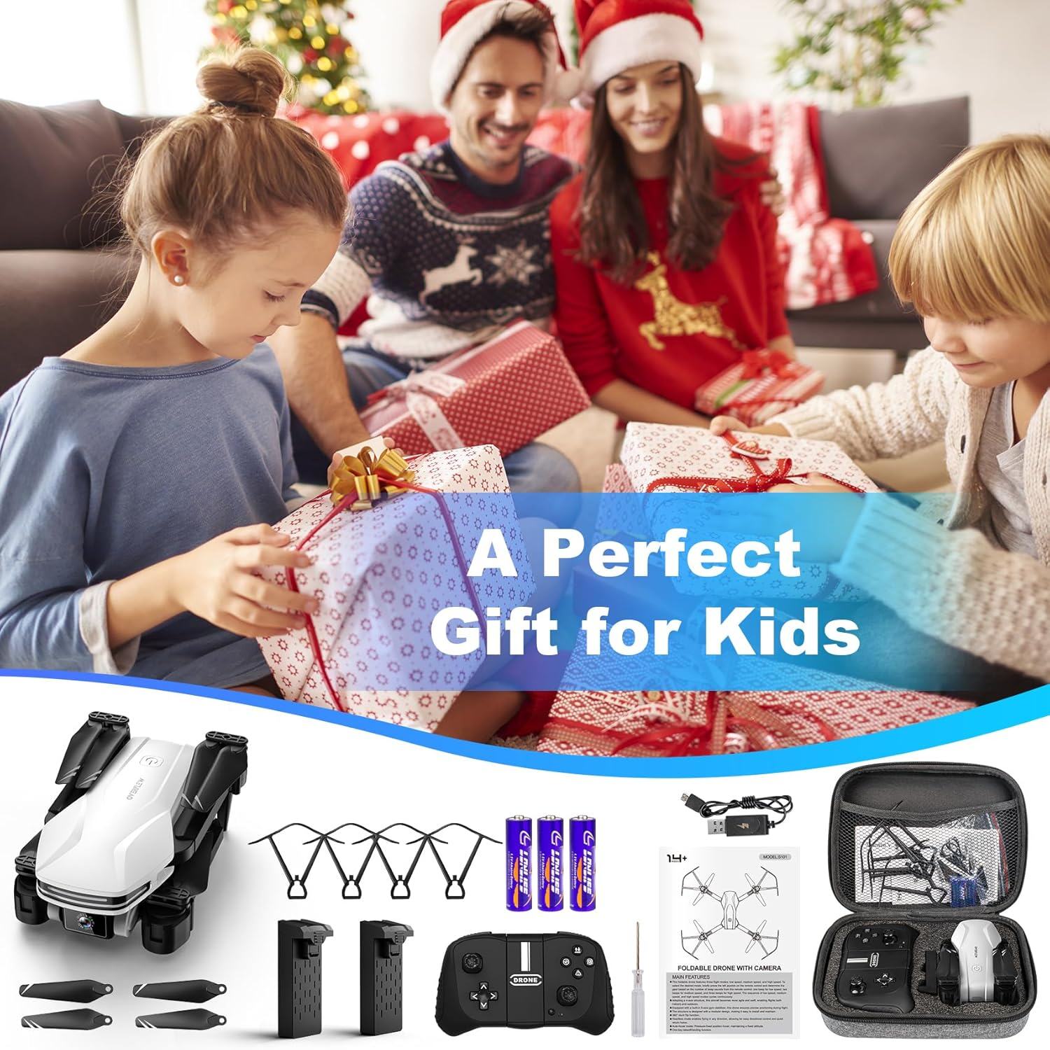 Drone com câmera 1080P HD FPV Drone dobrável para iniciantes e crianças, Quadcopter com controle de gestos de voz com estojo de transporte, decolagem/pouso com uma tecla, posicionamento de fluxo óptico, giro de 360°, voo de ponto de passagem
