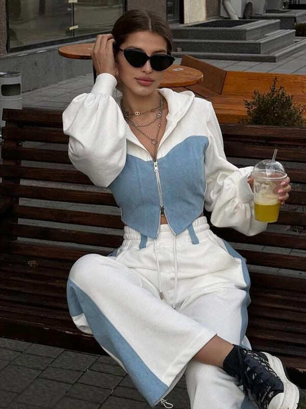 Feminino sexy contraste cor bolso casual fato de treino