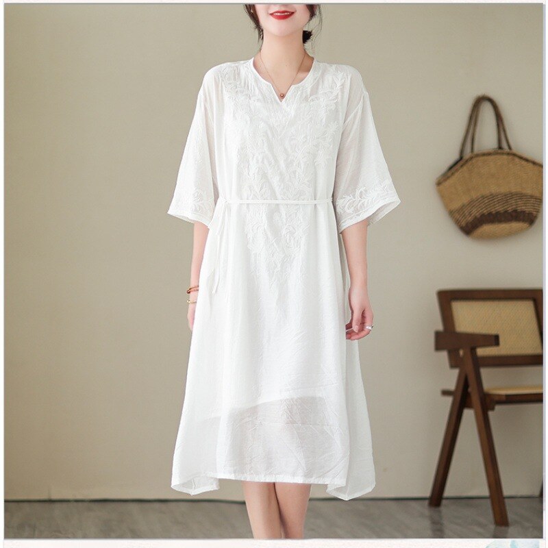 Vestido bordado de linho 2024 verão solto tamanho grande manga curta algodão e linho vestido feminino comprimento médio