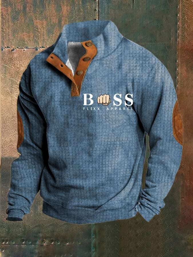 Sweatshirt de homem com estampado de letras vintage com colarinho e botão de verificação