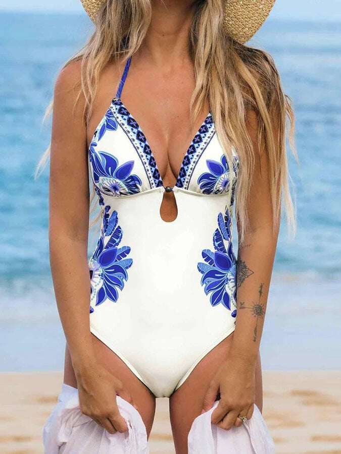 🔥 Dbvacau Floral Pattern Halter Neck One-Piece Swimsuit