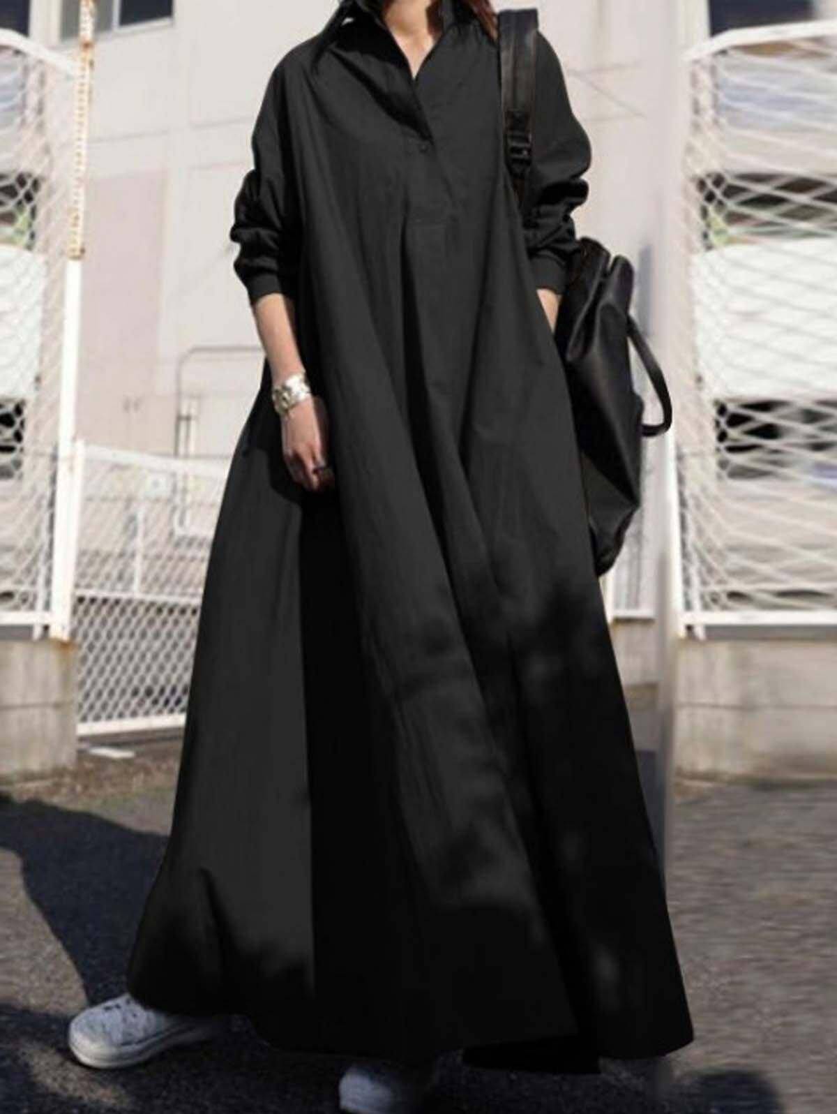 Plain Button Loose Dress