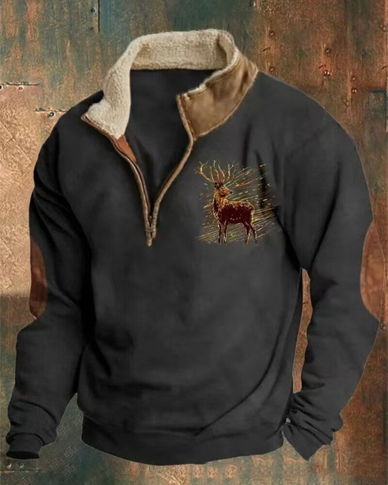 Pulôver masculino com gola alta estampada estilo ocidental e zíper